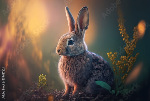 illustration of cute rabbit with blur nature background with sunlight © QuietWord