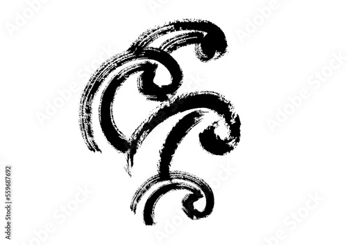 波和風筆描きイラスト　白黒,モノクロ,単色,