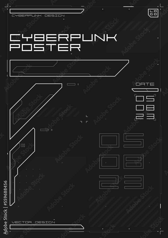 Cyberpunk futuristic poster. Modern cyberpunk design for web and print template. Tech style flyer with HUD elements. Abstract futuristic digital technology black and white design. Vector