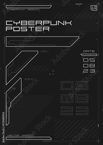 Cyberpunk futuristic poster. Modern cyberpunk design for web and print template. Tech style flyer with HUD elements. Abstract futuristic digital technology black and white design. Vector