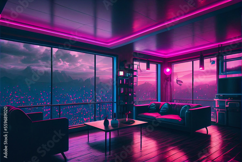 Futuristic modern cyberpunk living room design, stunning Lavish apartment - generative ai © Infinite Shoreline
