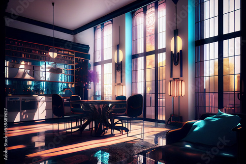 Futuristic modern cyberpunk living room design, stunning Lavish apartment - generative ai