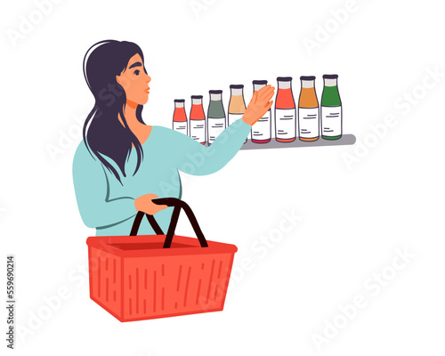 A woman with a red shopping basket in her hands takes a bottle of juice from a shelf. Shopping in the store. Flat vector illustration