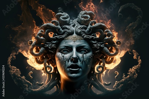 A portrait of the face of medusa flames fire smoke created with generative Ai