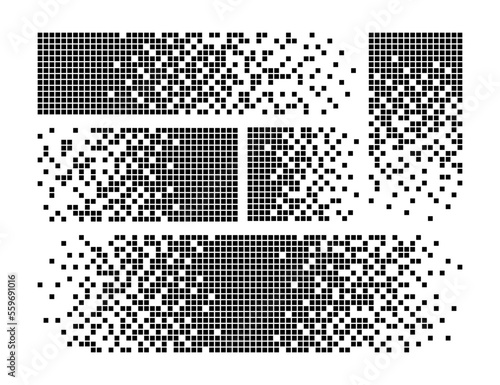 Pixel disintegration background. Halftone fragment. Dispersed dotted pattern. Concept of disintegration. Square pixel mosaic textures with square particles. Vector illustration on white background.