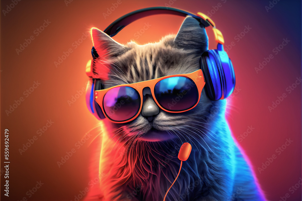 a cool cat with glasses and a microphone and headphones sings songs and  listens to music on neon orange blue background ai generated, Stock  Illustration | Adobe Stock