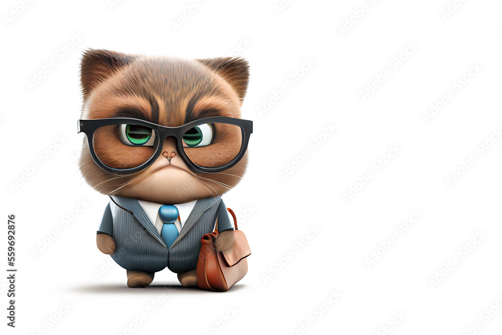 Cat 3d boss or manager teacher, angry look. funny cat in a business suit, tie and with a briefcase, isolate on a white background ai generated, 