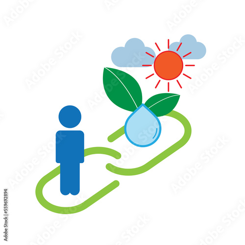 Man and natural resources connect with link icon as a gimmick of human-nature relation. Vector illustration outline flat design style.