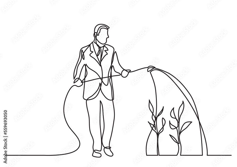continuous line drawing man watering plants of financial growth PNG ...