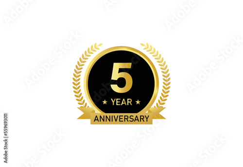 5 year anniversary celebration. Anniversary logo with ring and elegance golden color isolated on white background, vector design for celebration.