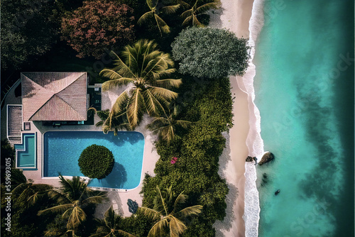 Aerial View of a Tropical Beach With a Villa Behind the Shore Surrounded By Trees With Waves Crashing on the Shore