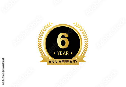 6 year anniversary celebration. Anniversary logo with ring and elegance golden color isolated on white background, vector design for celebration.