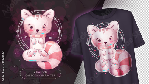 Cartoon character adorable cat, pretty animal idea for print t-shirt, poster and kids envelope, postcard. Cute hand drawn style kitty