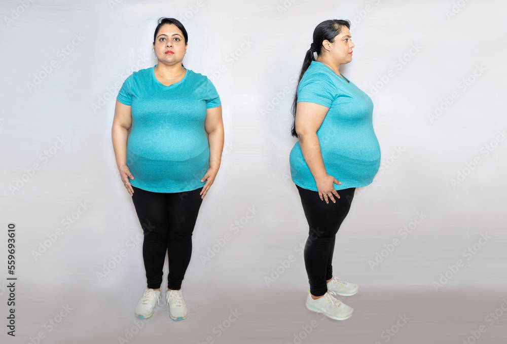 Front and side view of overweight fat indian woman standing isolated over white background, studio portrait. Plus size female lifestyle. Weight Loss, Full length Shot. Front and side view of overweight fat indian woman standing isolated over white background, studio portrait. Plus size female lifestyle. Weight Loss, Full length Shot.