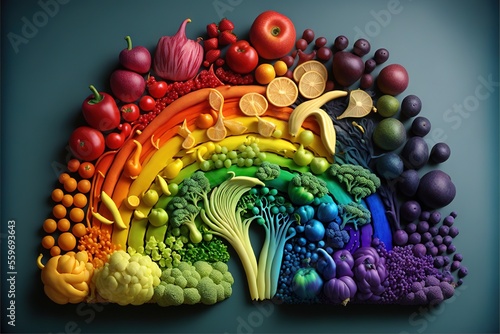 a rainbow made of fruits and vegetables on a blue background with a rainbow in the middle of the image and a rainbow in the middle of the image with a rainbow in the middle of the.