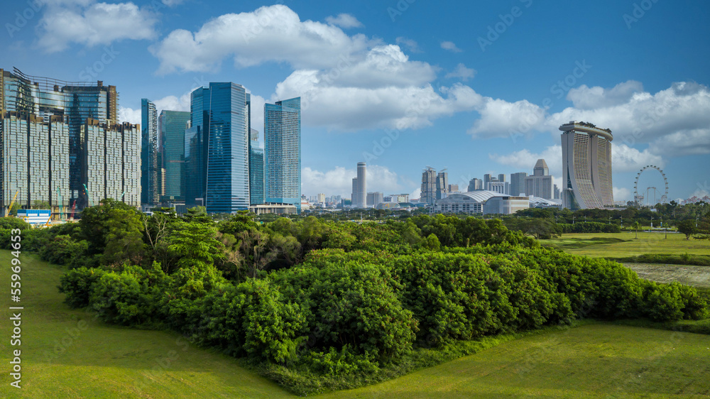 Singapore city with forest garden park, Singapore city financial district and bank business office skyline and skyscraper with blue sky, Singapore. Singapore city with forest garden park, Singapore city financial district and bank business office skyline and skyscraper with blue sky, Singapore.
