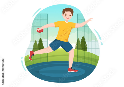 Discus Throw Playing Athletics Illustration with Throwing a Wooden Plate in Sports Championship Flat Cartoon Hand Drawn Templates