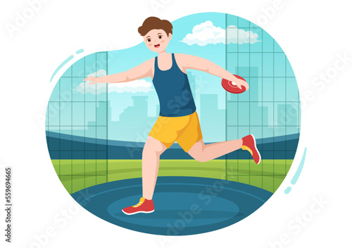 Discus Throw Playing Athletics Illustration with Throwing a Wooden Plate in Sports Championship Flat Cartoon Hand Drawn Templates