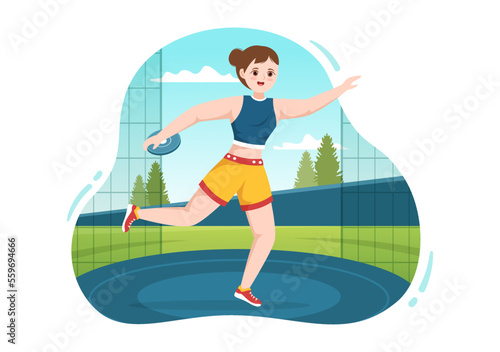 Discus Throw Playing Athletics Illustration with Throwing a Wooden Plate in Sports Championship Flat Cartoon Hand Drawn Templates