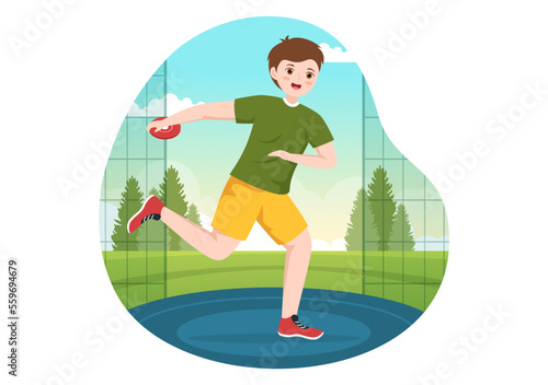 Discus Throw Playing Athletics Illustration with Throwing a Wooden Plate in Sports Championship Flat Cartoon Hand Drawn Templates