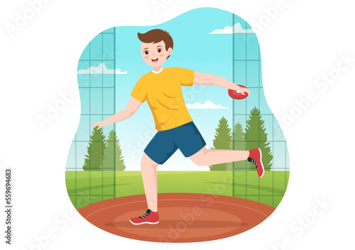 Discus Throw Playing Athletics Illustration with Throwing a Wooden Plate in Sports Championship Flat Cartoon Hand Drawn Templates