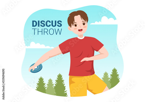 Discus Throw Playing Athletics Illustration with Throwing a Wooden Plate in Sports Championship Flat Cartoon Hand Drawn Templates