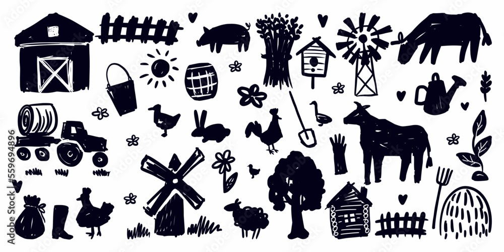 Vector illustration of a farm, hand-drawn in the style of a doodle