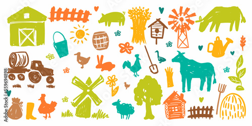Vector illustration of a farm, hand-drawn in the style of a doodle