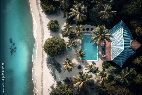 Aerial View of a Tropical Beach With a Villa Behind the Shore Surrounded By Trees With Waves Crashing on the Shore