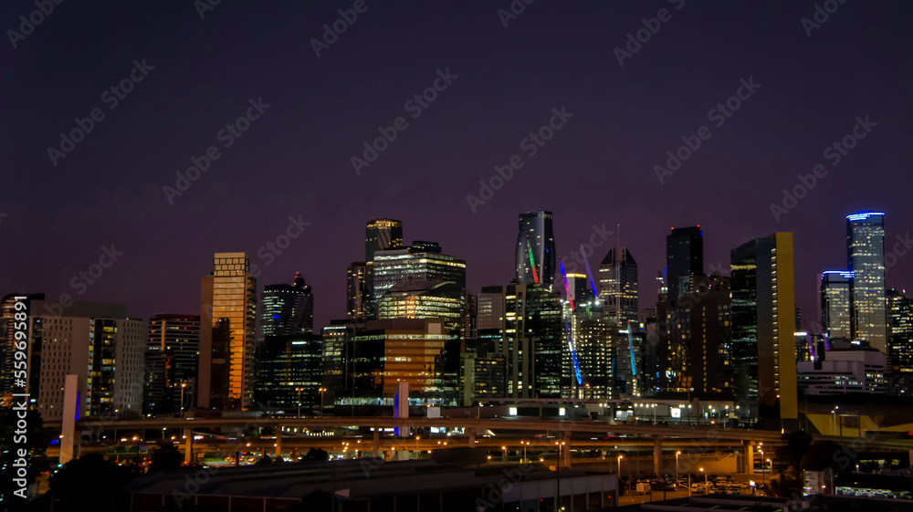 Night Melbourne City view, Docklands. Skylines sunset, skyscrapers