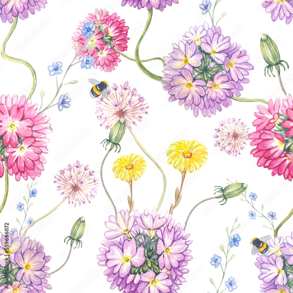 Floral seamless pattern with spring flowers, watercolor
