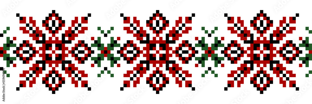 Ukrainian ethnic cross stitch. Geometric horizontal seamless pattern. red, green, black flowers and leaves. Clipart, print design in the style of the scheme of the Ukrainian ornament Ukrainian ethnic cross stitch. Geometric horizontal seamless pattern. red, green, black flowers and leaves. Clipart, print design in the style of the scheme of the Ukrainian ornament