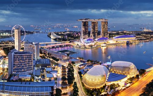Photography Aerial view of Singapore business district and city at twilight in Singapore, As