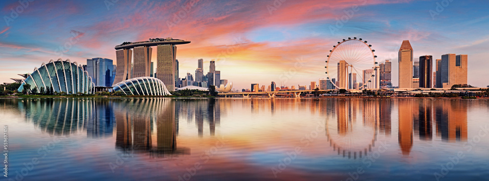 Singapore panorama skyline at sunrise, Marina bay - obrazy, fototapety, plakaty 