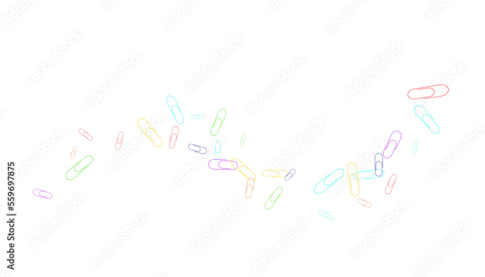 Paper clips are scattered on a white background. Decorative element. Background for design, school and office supplies Paper clips are scattered on a white background. Decorative element. Background for design, school and office supplies