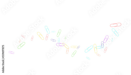 Paper clips are scattered on a white background. Decorative element. Background for design, school and office supplies
