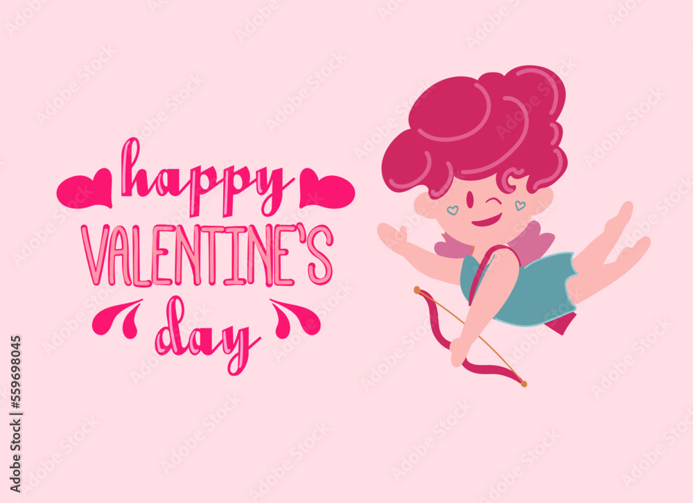 Happy Valentine s Day poster with angel cupid, hearts, and confetti. Festive background for February 14 with hand lettering. Vector design for postcards, advertising material, websites. Happy Valentine s Day poster with angel cupid, hearts, and confetti. Festive background for February 14 with hand lettering. Vector design for postcards, advertising material, websites.