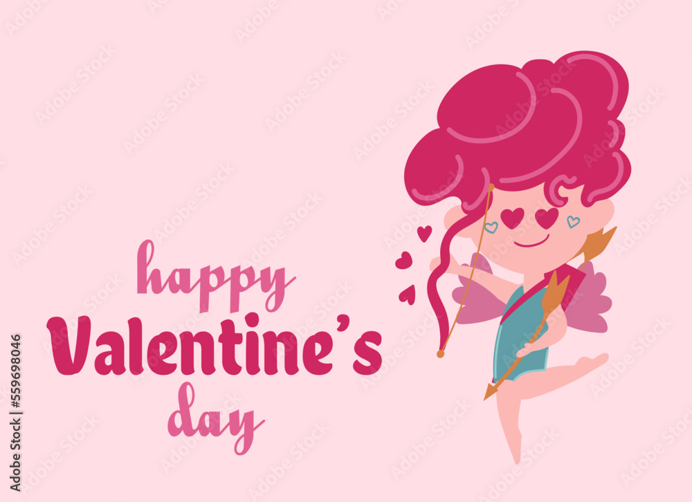 Happy Valentine s Day poster with angel cupid, hearts, and confetti. Festive background for February 14 with hand lettering. Vector design for postcards, advertising material, websites. Happy Valentine s Day poster with angel cupid, hearts, and confetti. Festive background for February 14 with hand lettering. Vector design for postcards, advertising material, websites.