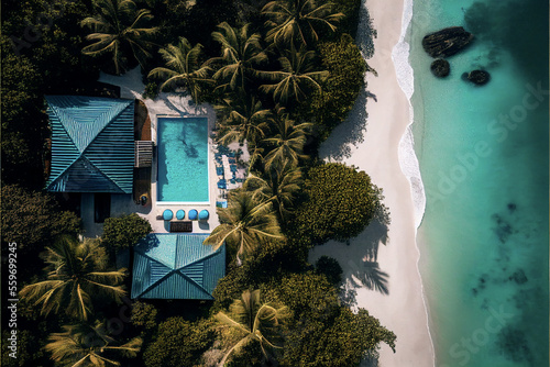 Aerial View of a Tropical Beach With a Villa Behind the Shore Surrounded By Trees With Waves Crashing on the Shore