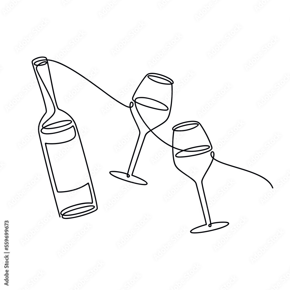 Set of wine bottle and glasses vector one line continuous drawing