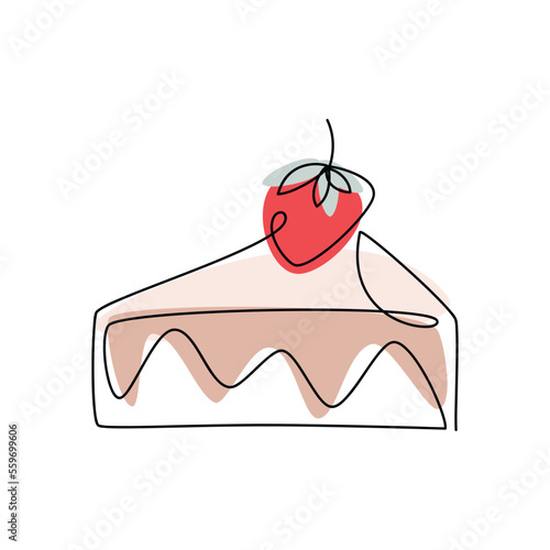 Piece of cake with strawberry vector one line continuous drawing illustration. Hand drawn linear silhouette icon. Minimal design element for print, banner, greeting card, brochure.