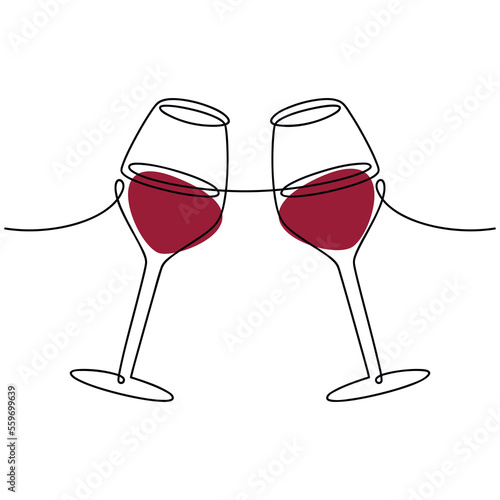 Two red wine glasses vector one line continuous drawing illustration. Hand drawn linear silhouette icon. Minimal design element for print, banner, card, wall art poster, brochure, postcard.