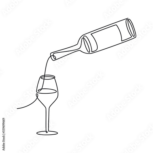 Vector wine bottle and glass one line continuous drawing illustration. Hand drawn linear silhouette icon. Minimal design element for print, banner, card, wall art poster, brochure, postcard.