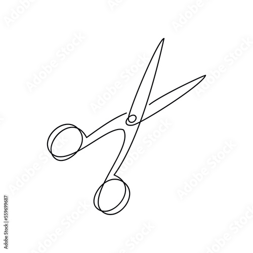 Scissors one line continuous drawing vector illustration. Hand drawn linear silhouette icon. Minimal design element for print, banner, card, wall art poster, brochure.