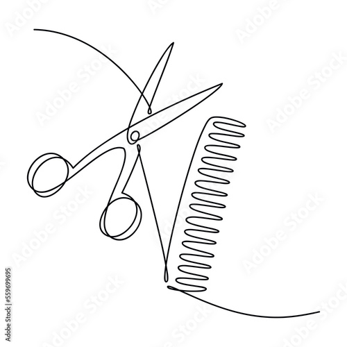 Set of scissors and comb one line continuous drawing vector illustration. Hand drawn linear silhouette icon. Minimal design element for print, banner, card, wall art poster, brochure.