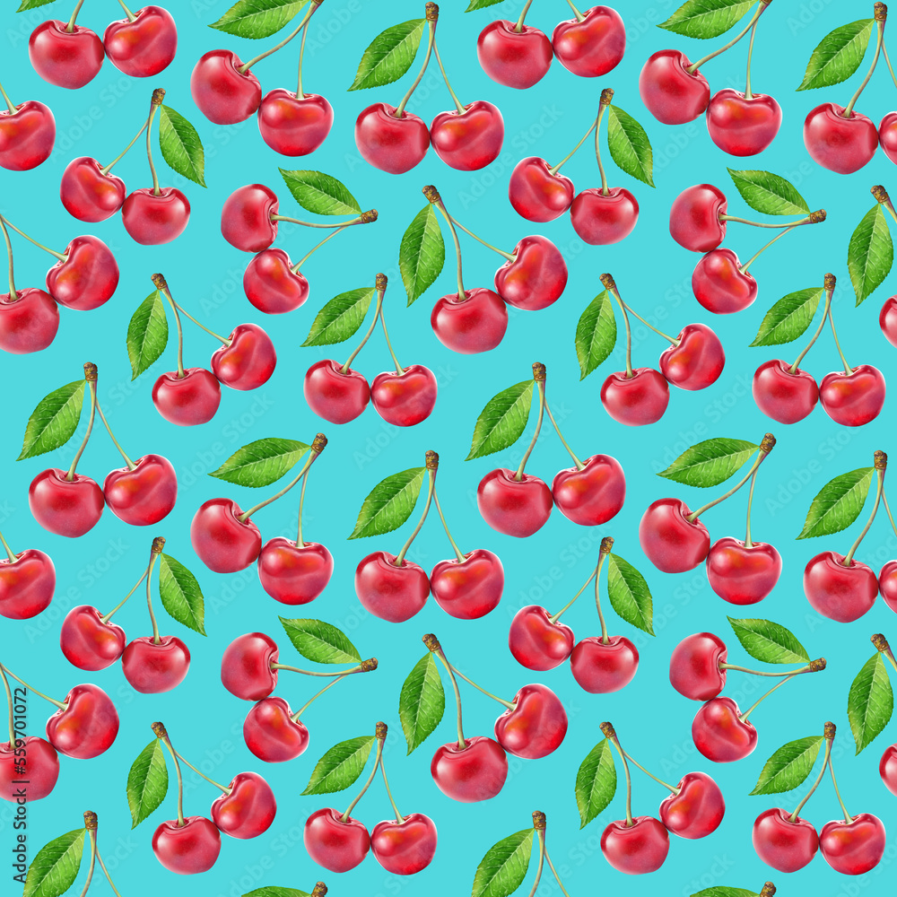 Illustration realism seamless pattern berry red cherry with green leaf on a light blue background. High quality illustration Illustration realism seamless pattern berry red cherry with green leaf on a light blue background. High quality illustration