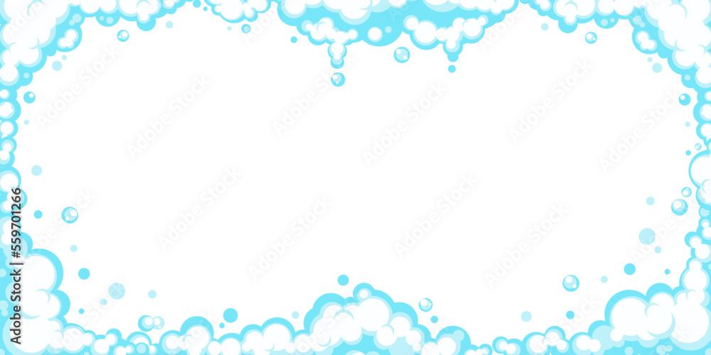 Soapy foam with bubbles. Frame of cartoon shampoo and shaving mousse foam suds. Clouds border. Vector illustration Soapy foam with bubbles. Frame of cartoon shampoo and shaving mousse foam suds. Clouds border. Vector illustration
