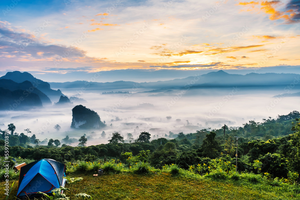 landscape of mountains fog and tent Phu Lanka National Park Phayao province north of Thailand
