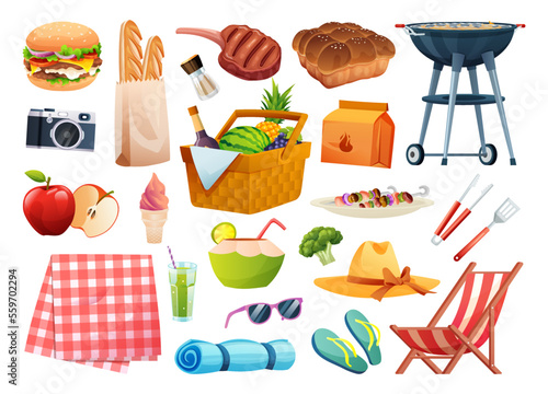 Set of picnic elements. Basket with food, beverage, fruits, grilling equipment vector illustration