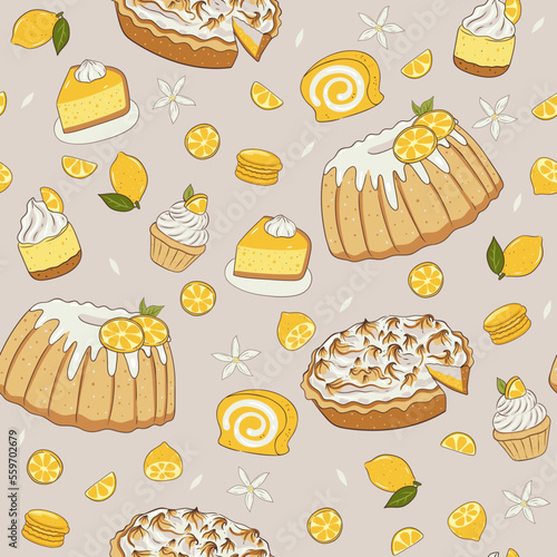 Seamless pattern with lemon desserts. Vector graphics.